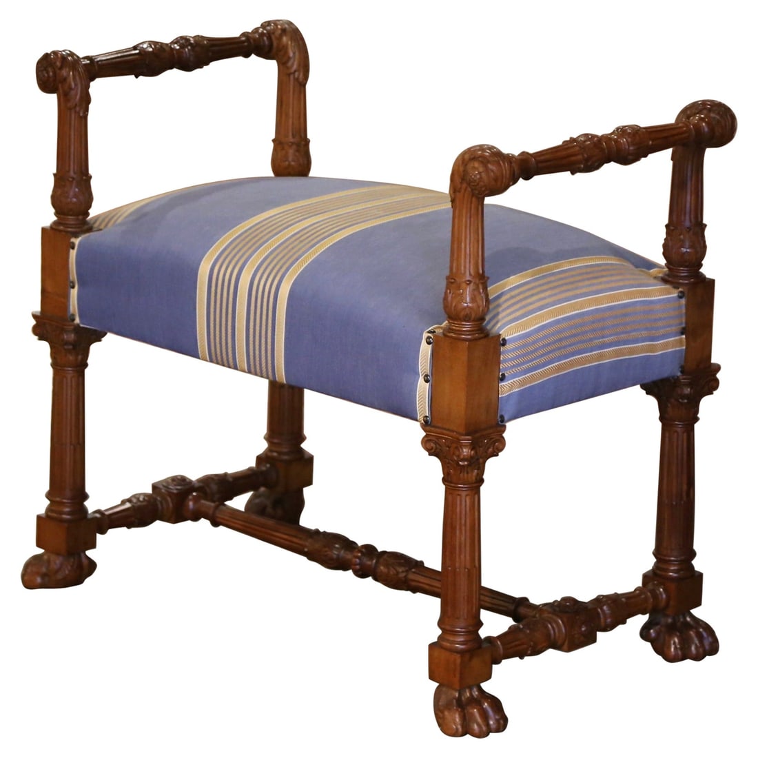 Italian Renaissance Revival Walnut Bench With Silk Upholstery Circa 1970: Italian Renaissance Revival Walnut Bench With Silk Upholstery Circa 1970 This mid-century Italian Renaissance Revival bench features exquisite hand-carved walnut with a rich patina. Crafted circa 1970