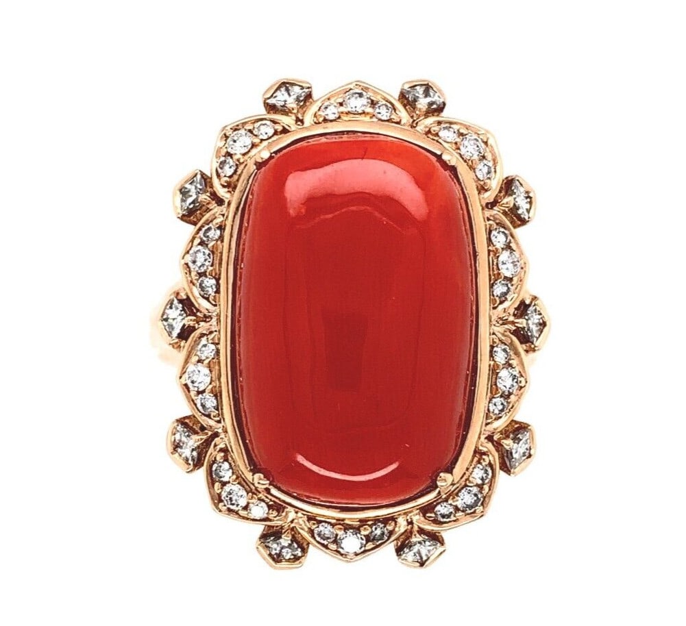 18k Rose Gold 17.65ct Ox Blood Coral Ring with 40 Diamonds: 18k Rose Gold 17.65ct Ox Blood Coral Ring with 40 Diamonds This exquisite 18k rose gold ring features a stunning 17.65ct genuine natural ox blood coral centerpiece, beautifully complemented by 40 diam
