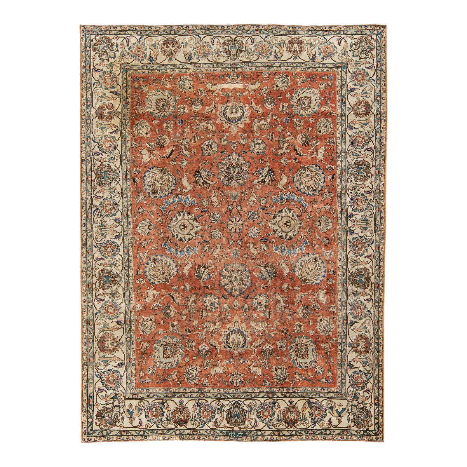 Antique Persian Tabriz Handmade Floral Wool Rug 9'5 x 12'9 Rust: Antique Persian Tabriz Handmade Floral Wool Rug 9'5 x 12'9 Rust This exquisite antique Persian Tabriz rug features a stunning rust-colored field adorned with a beautiful all-over floral design. Crafte