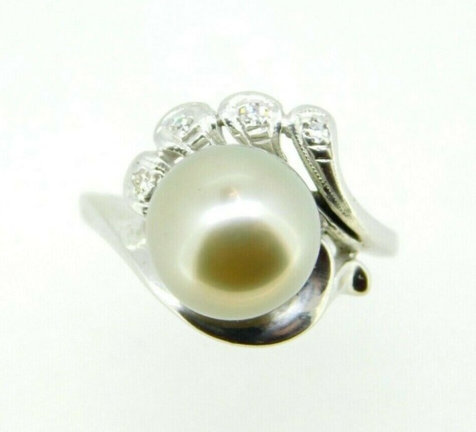 14k White Gold Tahitian Pearl Diamond Ring GIA Certified 1940s (1 of 8)