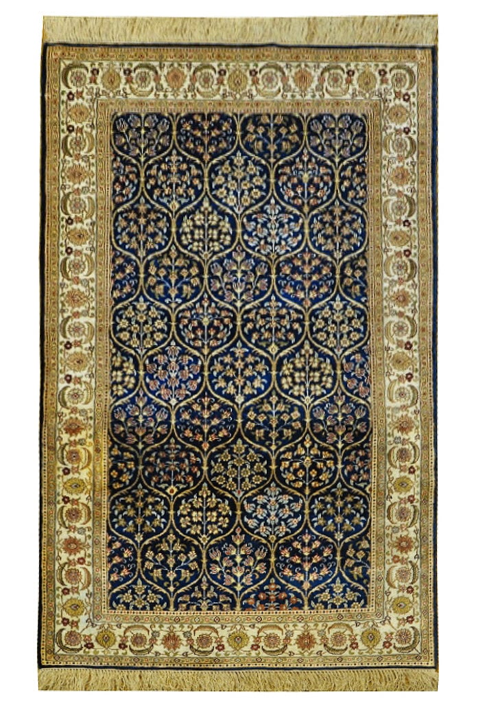 3' x 5' Hand-Knotted Silk Area Rug Hereke Pattern Navy Blue: 3' x 5' Hand-Knotted Silk Area Rug Hereke Pattern Navy Blue Free continental US Shipping Elevate your space with this exquisite 3' x 5' Hand-Knotted Silk Rug featuring the renowned Hereke pattern, a t