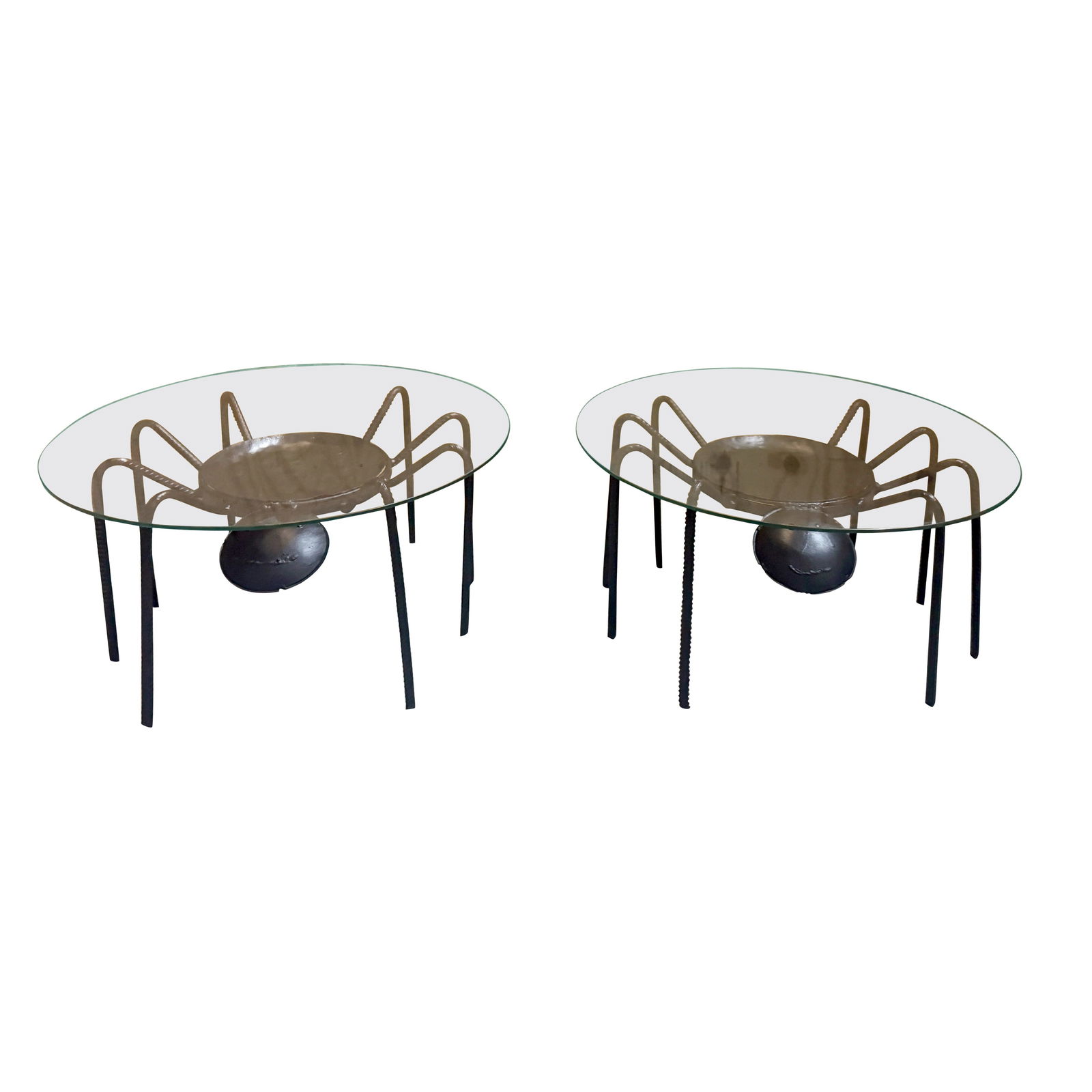 Set of 2 American Artisan Iron Spider Sculptural Tables 24 Inch Glass Tops: Set of 2 American Artisan Iron Spider Sculptural Tables 24 Inch Glass Tops This striking pair of American artisan iron and rebar spider sculptural tables showcases a unique blend of functionality and