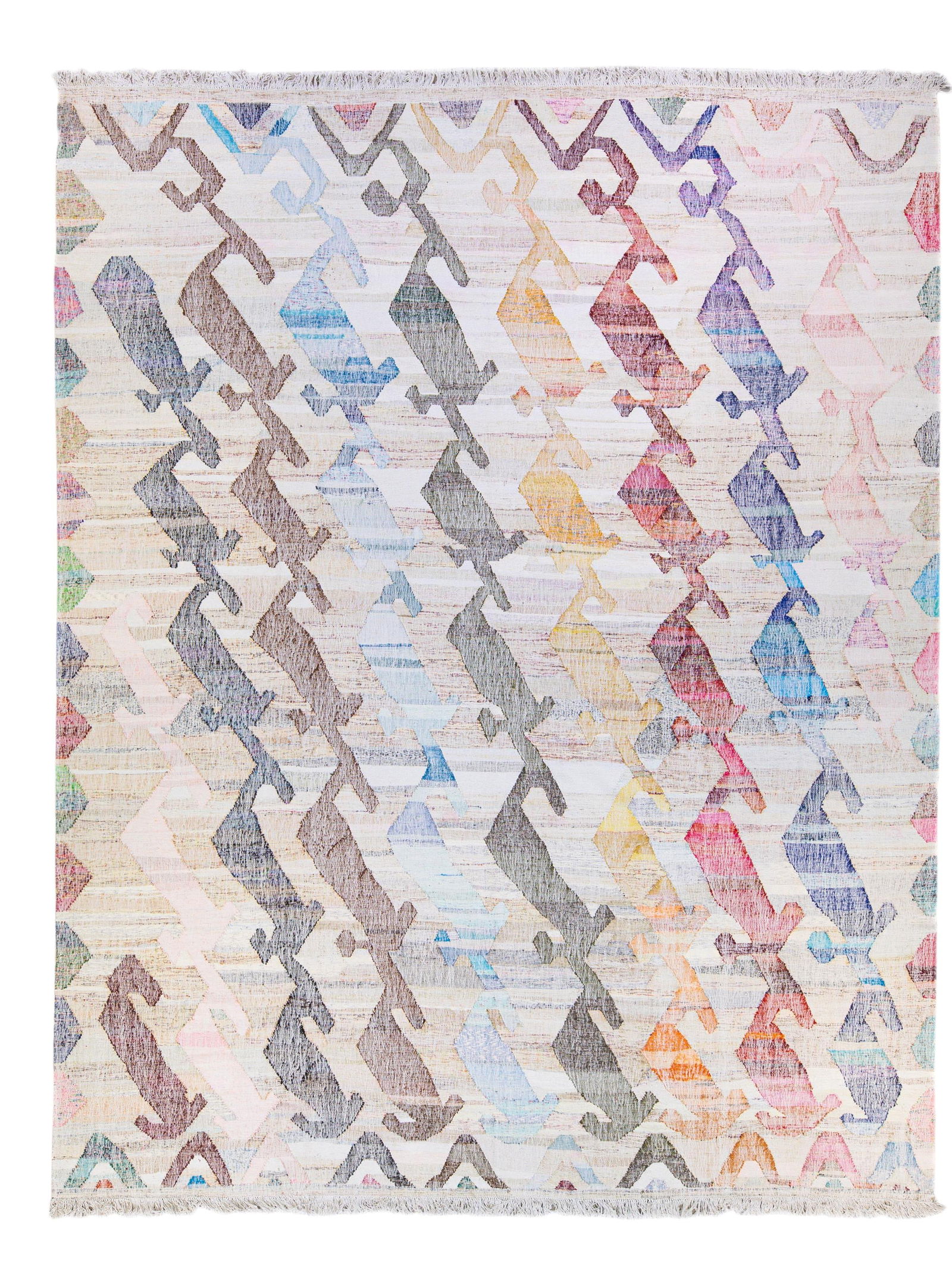 Oversize Vintage Turkish Kilim Wool Rug Beige Geometric Design 12'4 x 15'10: Oversize Vintage Turkish Kilim Wool Rug Beige Geometric Design 12'4 x 15'10 Enhance your space with this stunning vintage Turkish Kilim flatweave wool rug. Featuring a warm beige field adorned with vi