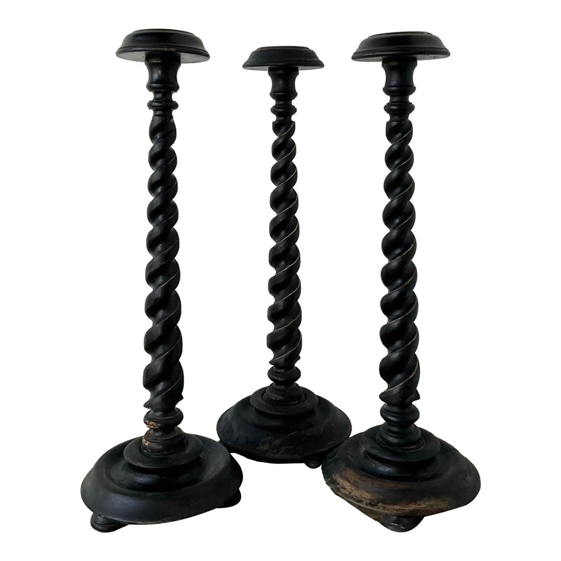 Set of 3 Ebonized Wood Barley Twist Candlesticks with Distressed Finish: Set of 3 Ebonized Wood Barley Twist Candlesticks with Distressed Finish This set of three vintage barley twist candlesticks showcases traditional English design with a rustic bohemian touch. Each cand