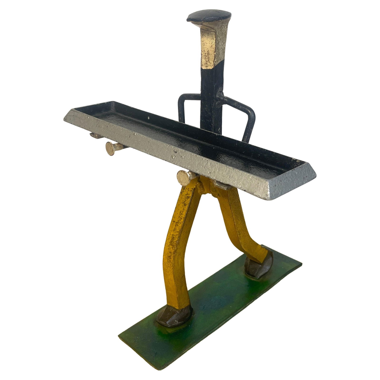 1930s Folk Art Polychromed Iron Construction Worker Card Holder: 1930s Folk Art Polychromed Iron Construction Worker Card Holder This charming Folk Art polychromed iron construction worker card holder, or vide-poche, features a whimsical design that showcases a con