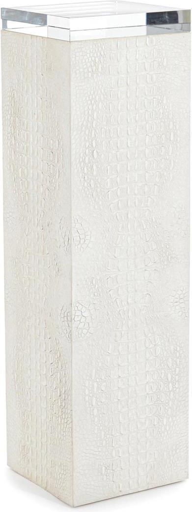John-Richard Kano Square Cream Pedestal Table with Faux Crocodile Glass Top: John-Richard Kano Square Cream Pedestal Table with Faux Crocodile Glass Top Elevate your decor with the Kano Square Cream Pedestal, a stunning addition to any space. This transitional-style table feat