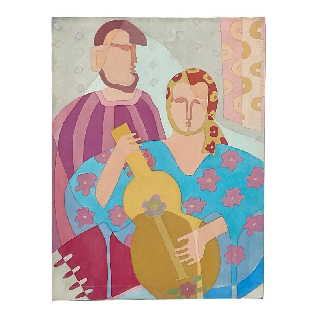 Mid Century Abstract Oil Painting with Musical Figures on Canvas: Mid Century Abstract Oil Painting with Musical Figures on Canvas This vintage 20th-century original abstract figural oil on canvas features two abstract figures, one playing a musical instrument, rend