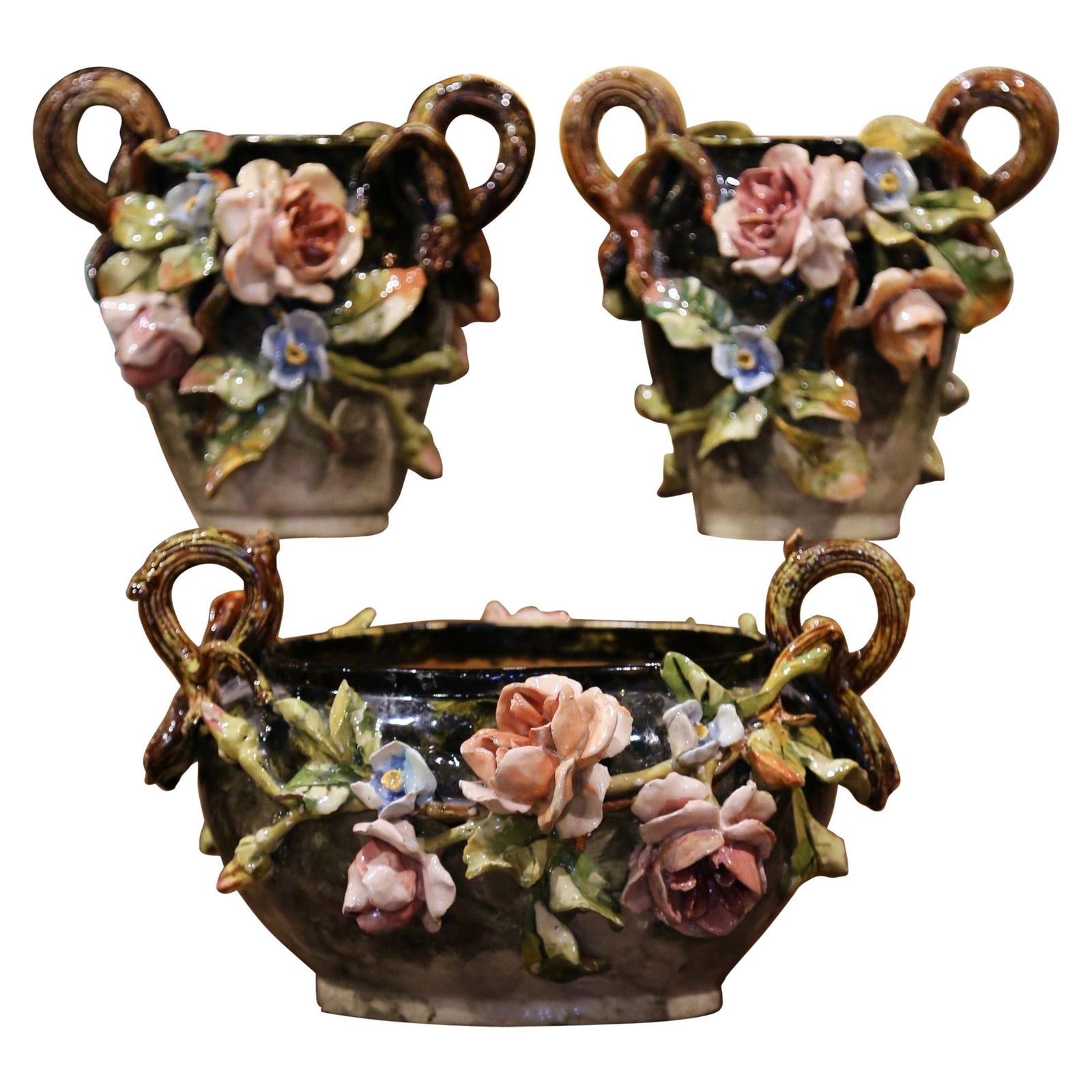 19th Century French Majolica Floral Vases and Jardiniere Set of 3 (1 of 9)