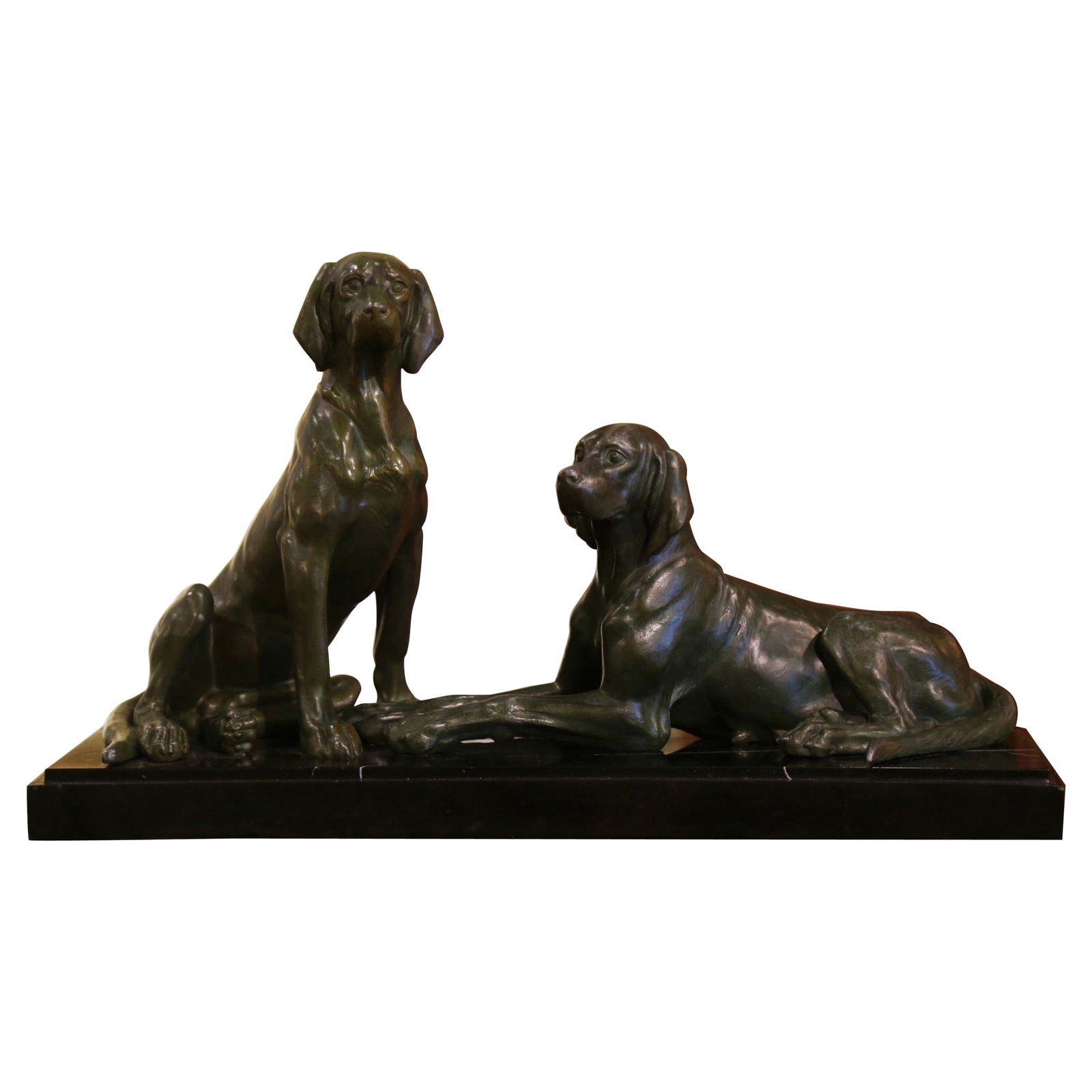 Early 20th Century French Verdigris Spelter Dog Sculpture on Marble Base: Early 20th Century French Verdigris Spelter Dog Sculpture on Marble Base This exquisite early 20th-century French sculpture features a captivating composition of two Labradors, one resting on its hind