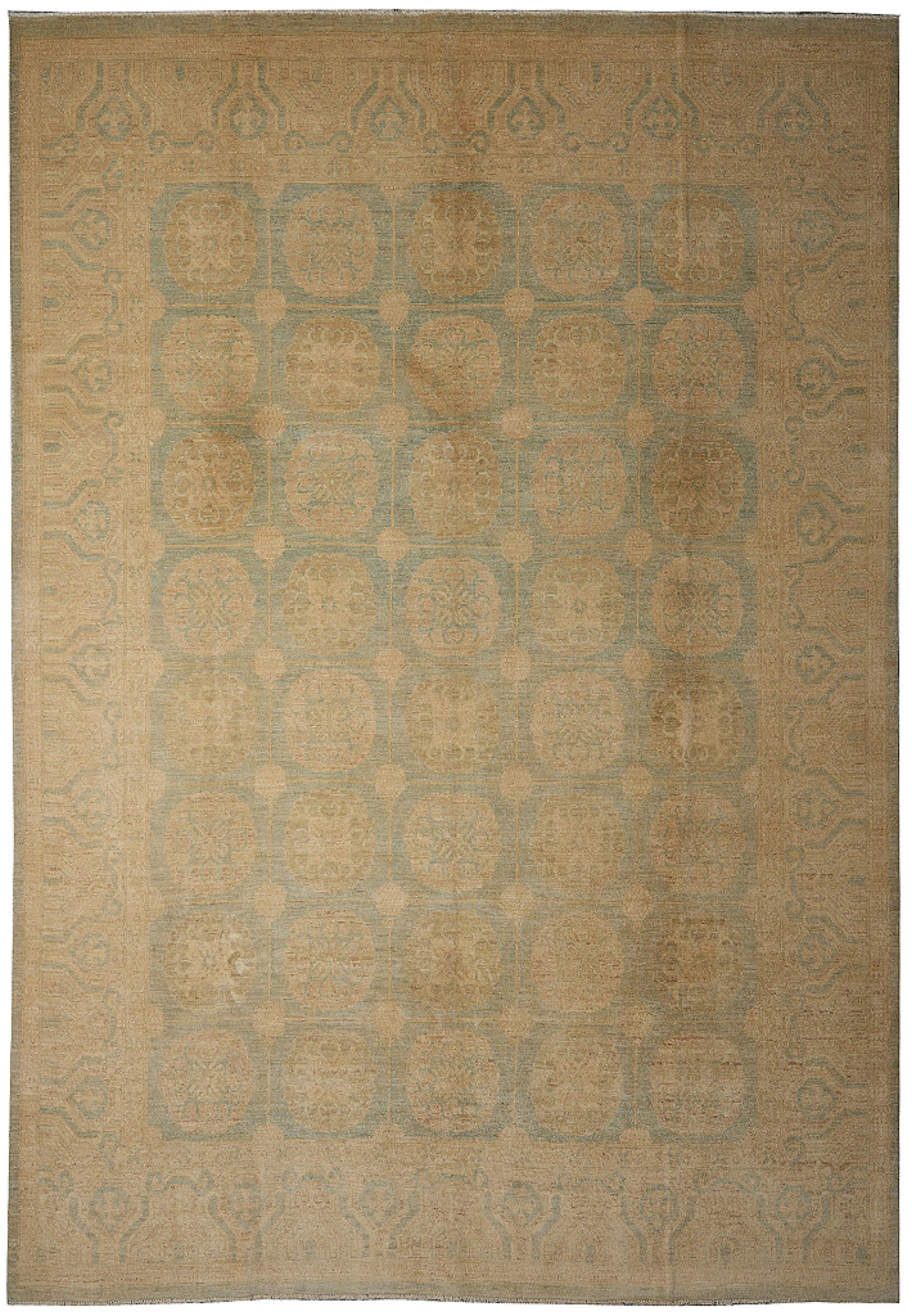 Handmade Zigler Chobi Peshawar Rug 111 x 140 in Faded Green Gold Wool: Handmade Zigler Chobi Peshawar Rug 111 x 140 in Faded Green Gold Wool Free continental US Shipping This handmade Zigler Chobi Peshawar area rug features a classic pattern with intricate floral motifs,