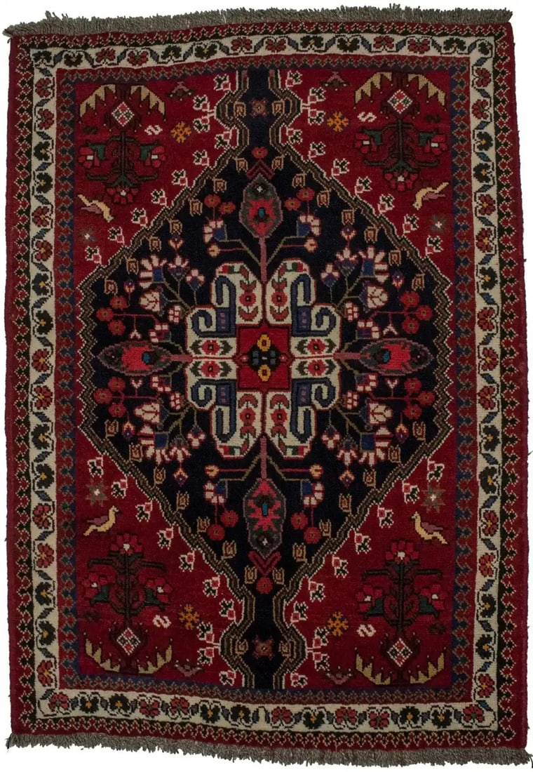 Hand-Knotted Tribal Wool Rug 3'5 x 5' Pictorial Design: Hand-Knotted Tribal Wool Rug 3'5 x 5' Pictorial Design This hand-knotted vintage tribal pictorial rug features a geometric pattern in a blend of red, navy blue, black, cream, buff, orange, and green t