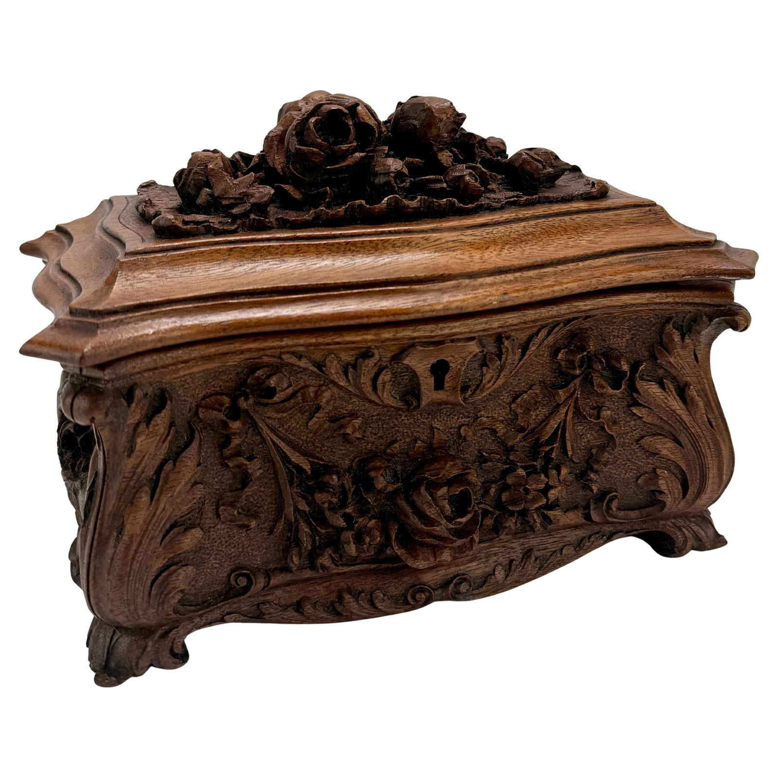19th Century Black Forest Walnut Jewelry Casket with Roses: 19th Century Black Forest Walnut Jewelry Casket with Roses This exquisite 19th-century Black Forest jewelry casket, originating from the Brienz region of Switzerland, showcases remarkable craftsmanshi