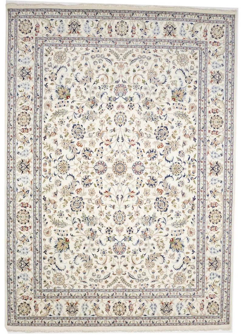 Hand-Knotted Indo-Nain Wool and Silk Floral Area Rug 8'8 x 12'2: Hand-Knotted Indo-Nain Wool and Silk Floral Area Rug 8'8 x 12'2 This handmade Indo-Nain Oriental rug features a traditional floral pattern in cream, buff, red, dark navy, light grey, green, tan, and b