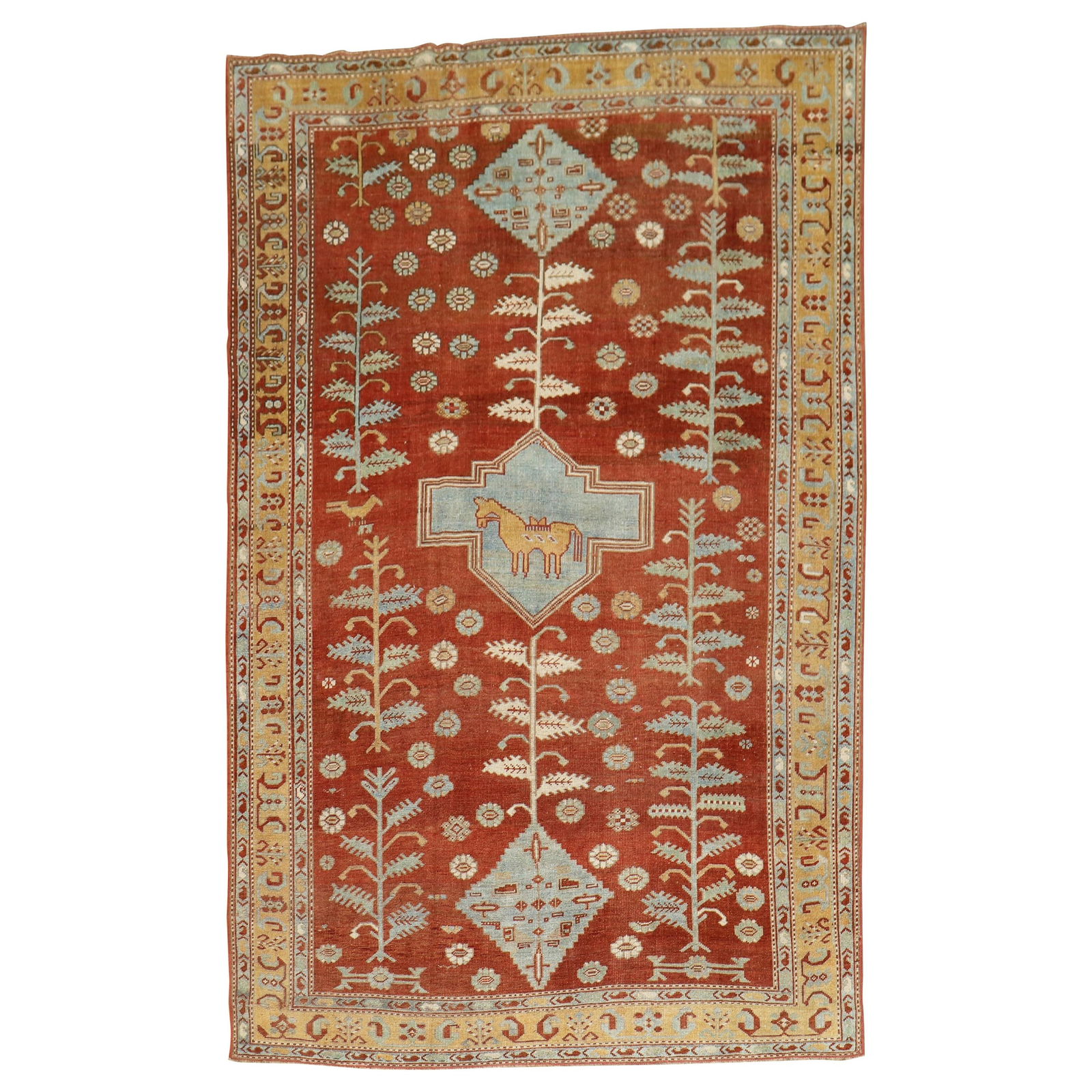 Mid-20th Century Hand-Woven Camel Medallion Caucasian Rug: Mid-20th Century Hand-Woven Camel Medallion Caucasian Rug Discover the charm of this mid-20th century Kazak rug, featuring a striking geometric tribal design. The rug is hand-woven from high-quality w