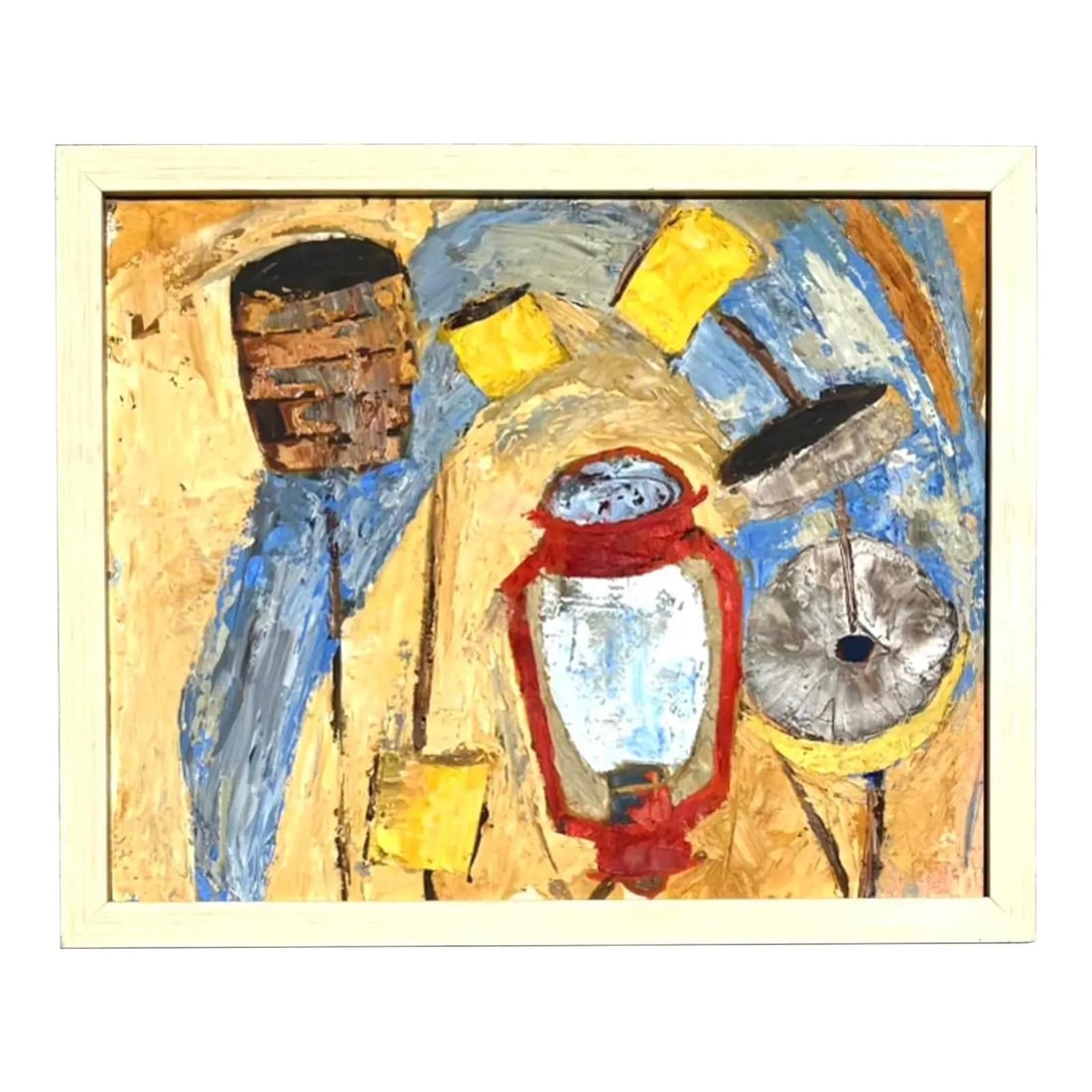 Original Abstract Oil Painting on Masonite with Boho Style Framed Art: Original Abstract Oil Painting on Masonite with Boho Style Framed Art Original abstract oil painting on board featuring a vibrant mix of shapes and textures in yellow, red, blue, and other colors. The