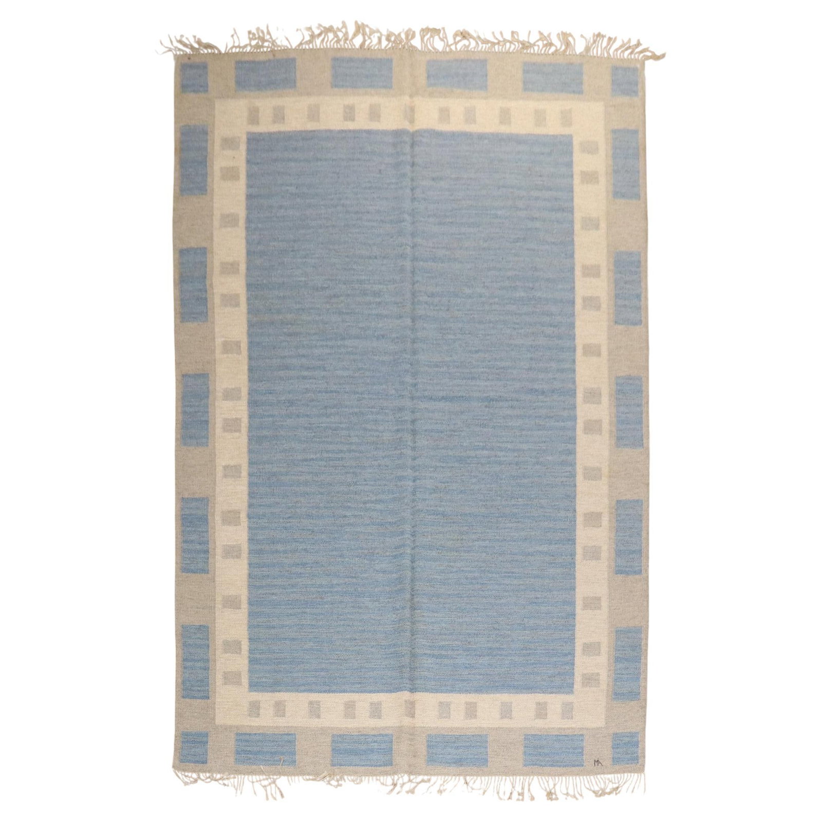 Mid-20th Century Abstract Swedish Kilim Rug Signed by MA: Mid-20th Century Abstract Swedish Kilim Rug Signed by MA This exquisite Abstract Swedish Kilim, signed by MA, showcases the hallmark craftsmanship of mid-20th Century Scandinavian design. Hand-knotted