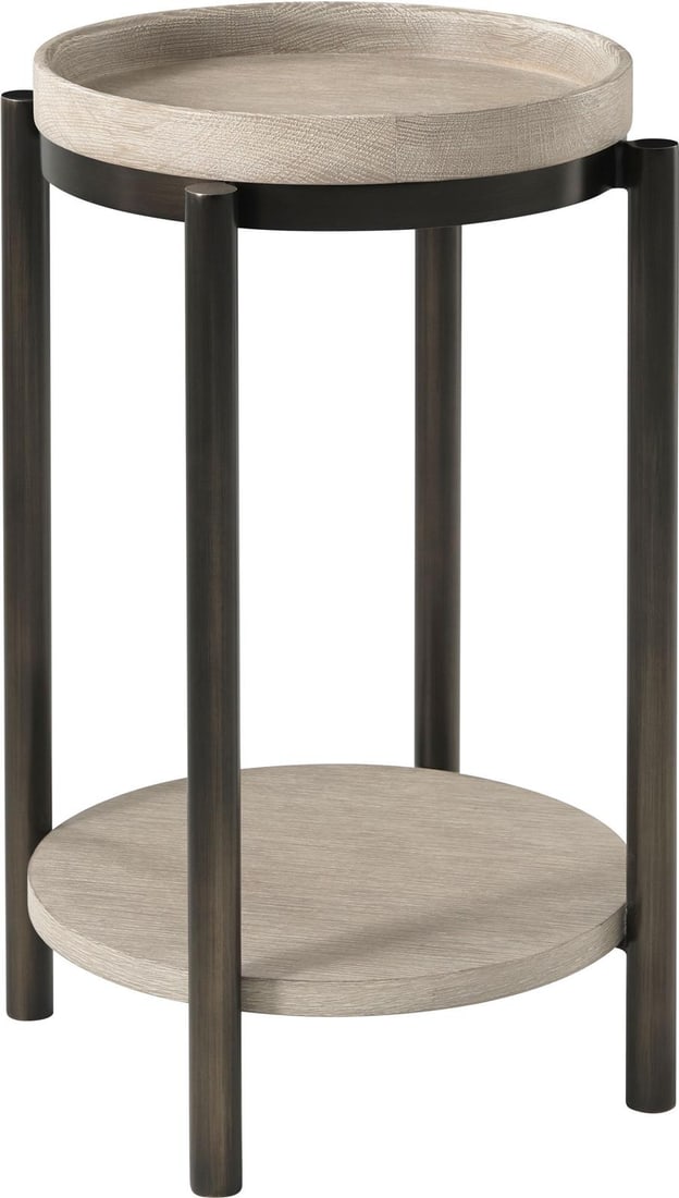 Theodore Alexander Gray Oak Round Side Table 22H Metal Veneer: Theodore Alexander Gray Oak Round Side Table 22H Metal Veneer This stylish Modern Casual Side Table features a contemporary gray oak finish that seamlessly fits into any living space. Crafted from a c