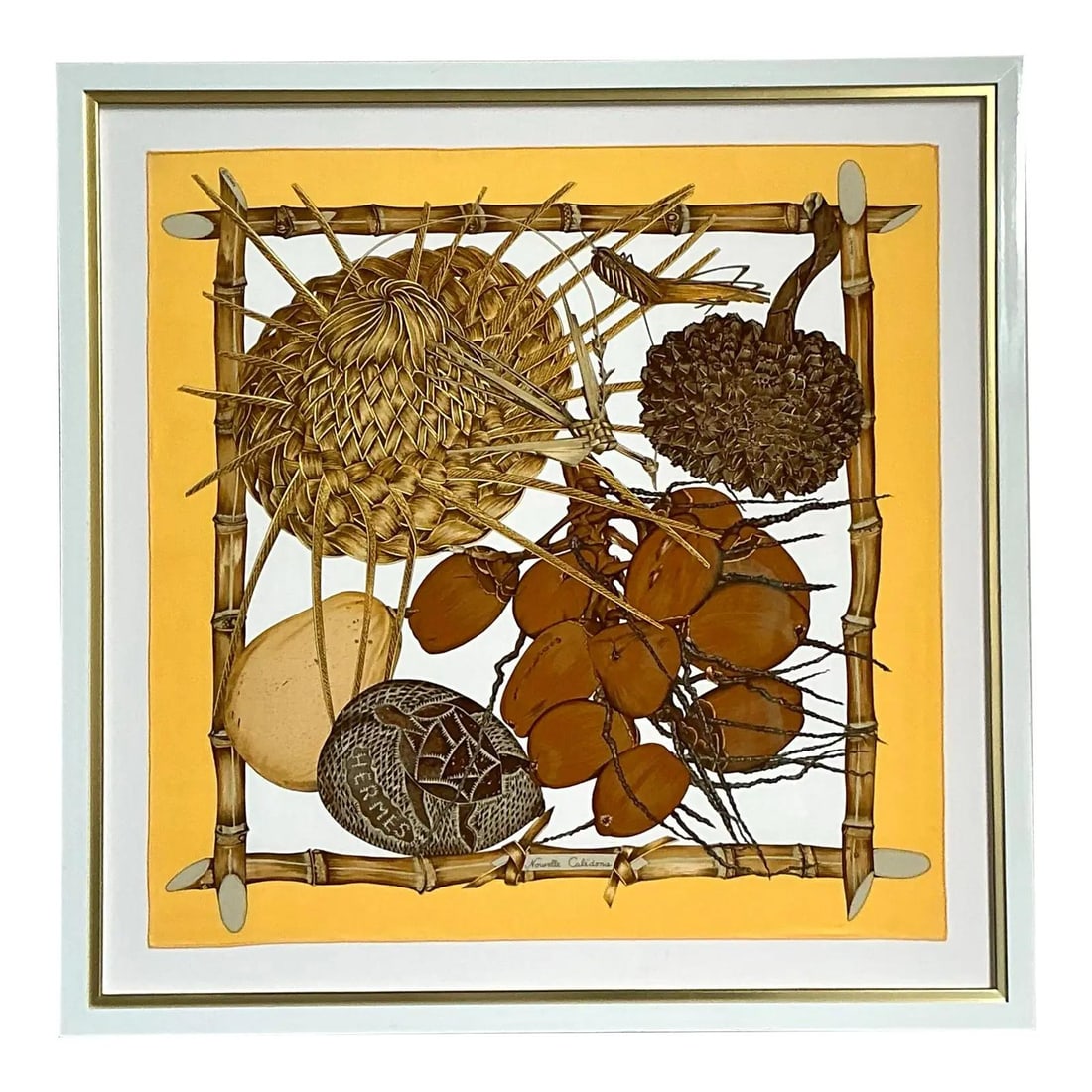 Framed Nouvelle Caledonie Silk Scarf Wall Art with Tropical Motif: Framed Nouvelle Caledonie Silk Scarf Wall Art with Tropical Motif This vintage French framed Hermes "Nouvelle Celedonie" silk scarf is a distinguished example of mid-century decorative art with a natu