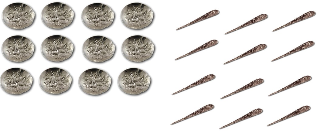 Kirk Repousse Sterling Silver Nut Dish Set 12 Cups with Picks: Kirk Repousse Sterling Silver Nut Dish Set 12 Cups with Picks This exquisite set features 12 individual nut dishes and 12 matching all-sterling nut picks, crafted from sterling silver in the elegant R