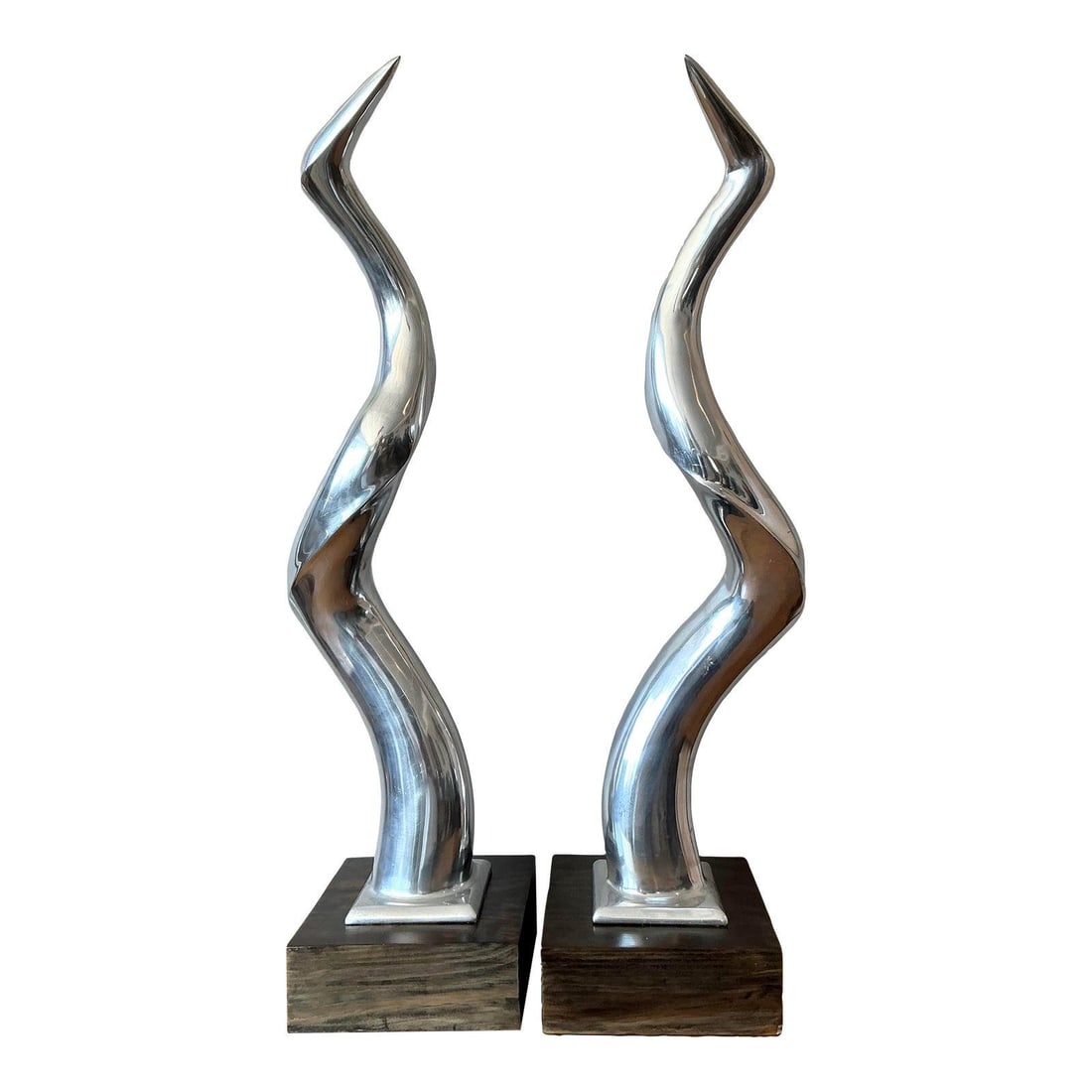 Pair of Sculptural Chrome Abstract Antler Form Sculptures on Wood Bases Set of 2 (1 of 8)