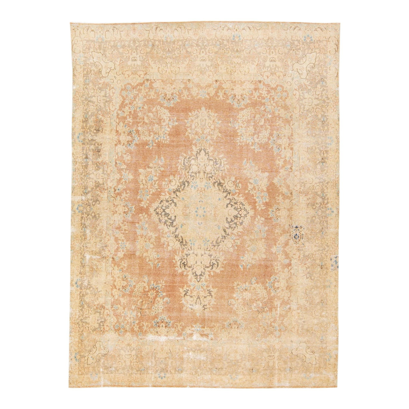 Vintage Persian Hand-Knotted Tan Wool Rug 9'4 x 12'9 Floral Design: Vintage Persian Hand-Knotted Tan Wool Rug 9'4 x 12'9 Floral Design Enhance your space with this stunning Vintage Persian handmade wool rug. Featuring a distressed tan color field complemented by intri