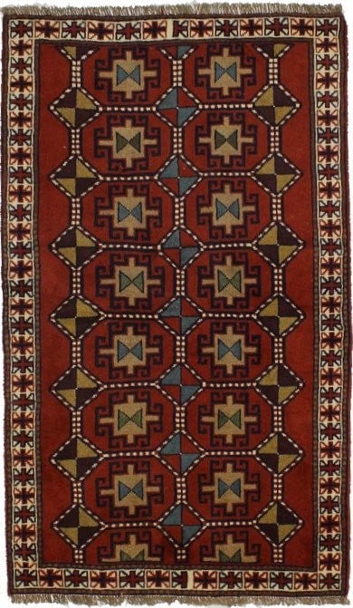 Hand-Knotted Wool Geometric Tribal Area Rug 3'9 x 6'6 Orange-Red: Hand-Knotted Wool Geometric Tribal Area Rug 3'9 x 6'6 Orange-Red This handmade wool area rug features a striking orange-red geometric pattern, complemented by shades of cream, navy blue, khaki, burgun