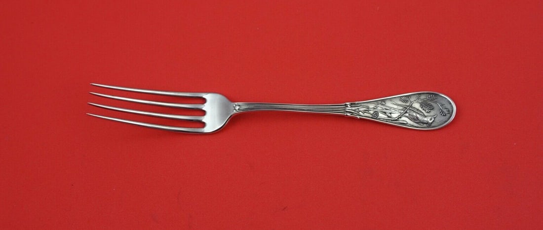 Tiffany & Co Japanese Sterling Silver 4-Tine Dessert Fork 6 1/4": Tiffany & Co Japanese Sterling Silver 4-Tine Dessert Fork 6 1/4" This exquisite dessert fork from Tiffany & Co. is part of the Japanese pattern and showcases a beautiful 4-tine design. Measuring 6 1/4