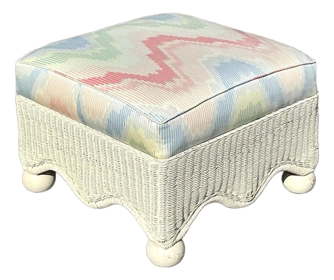 Vintage Ficks Reed Inspired Scalloped Rattan Ottoman with Pastel Waves: Vintage Ficks Reed Inspired Scalloped Rattan Ottoman with Pastel Waves Elevate your home decor with this charming vintage rattan ottoman, inspired by the iconic designs of Ficks Reed. Showcasing a bea