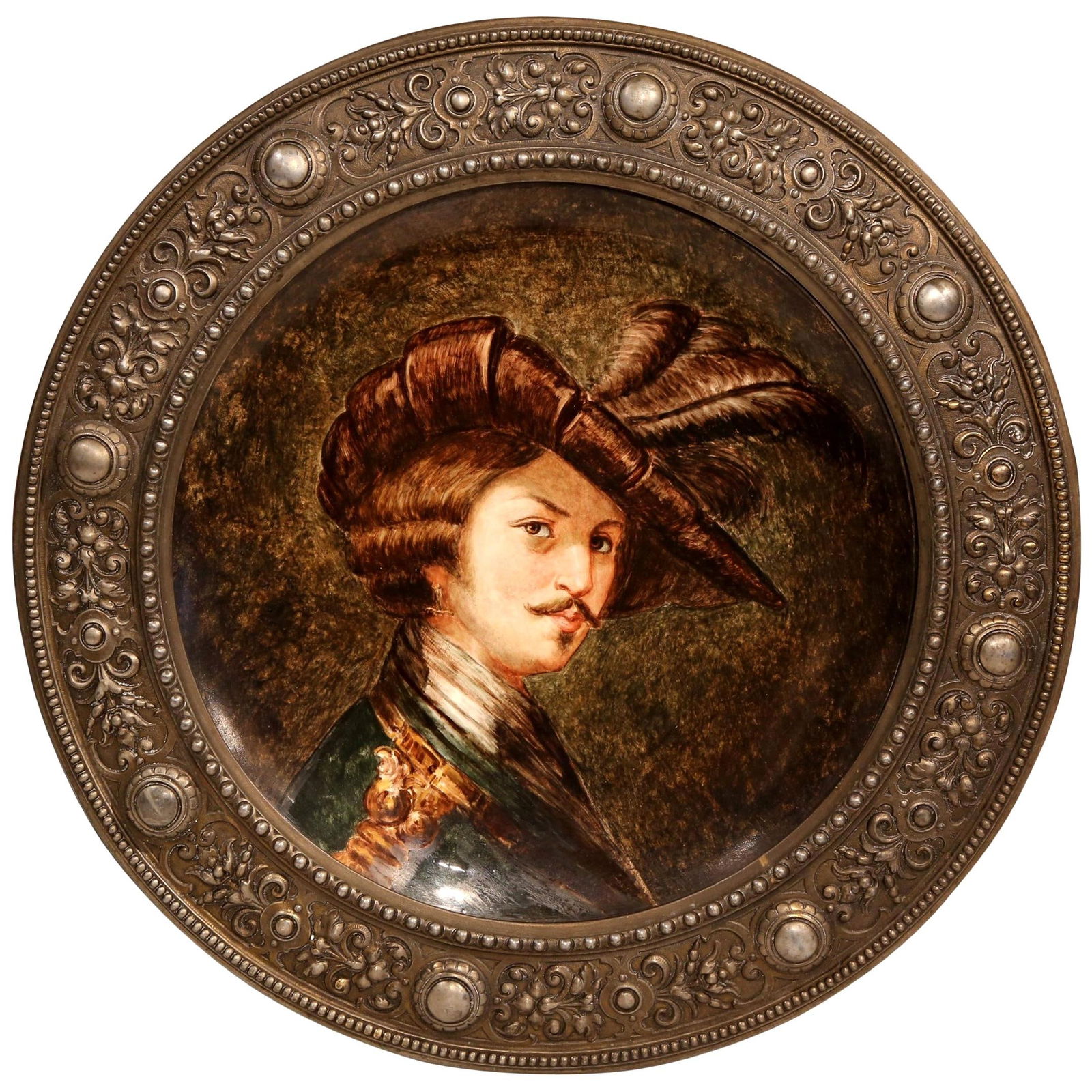 19th Century German Hand-Painted Porcelain Plate in Pewter Frame: 19th Century German Hand-Painted Porcelain Plate in Pewter Frame This exquisite 19th Century German hand-painted porcelain portrait plate is a stunning example of Gothic style craftsmanship. Originati