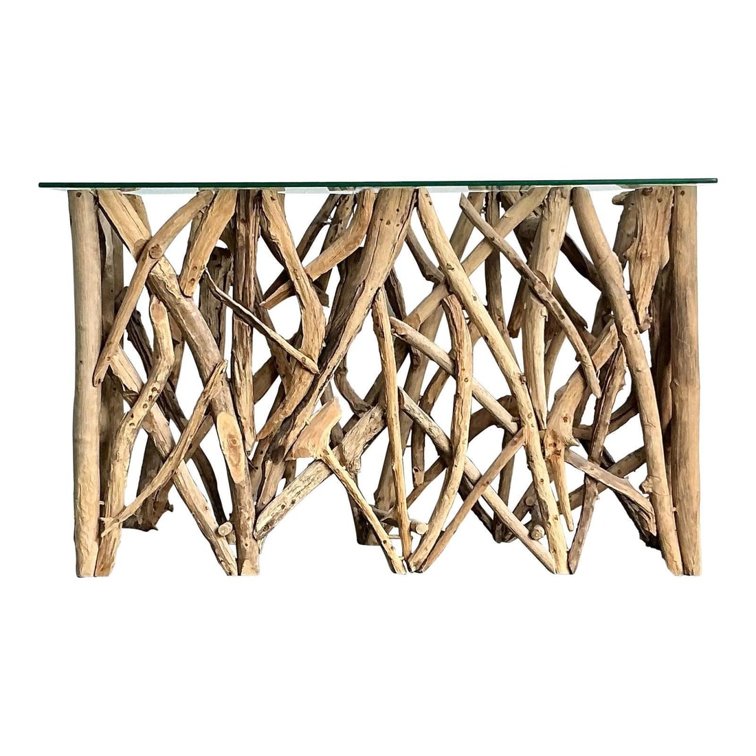 Organic Modern Glass Top Console With Sculptural Natural Wood Branch Base (1 of 10)