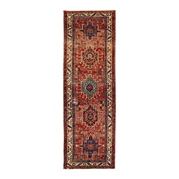 Antique Heriz Handmade Wool Runner Red Geometric Design 3'6 x 11'1: Antique Heriz Handmade Wool Runner Red Geometric Design 3'6 x 11'1 Elevate your space with this stunning Antique Heriz Handmade Wool Runner, featuring a rich distressed red field adorned with vibrant