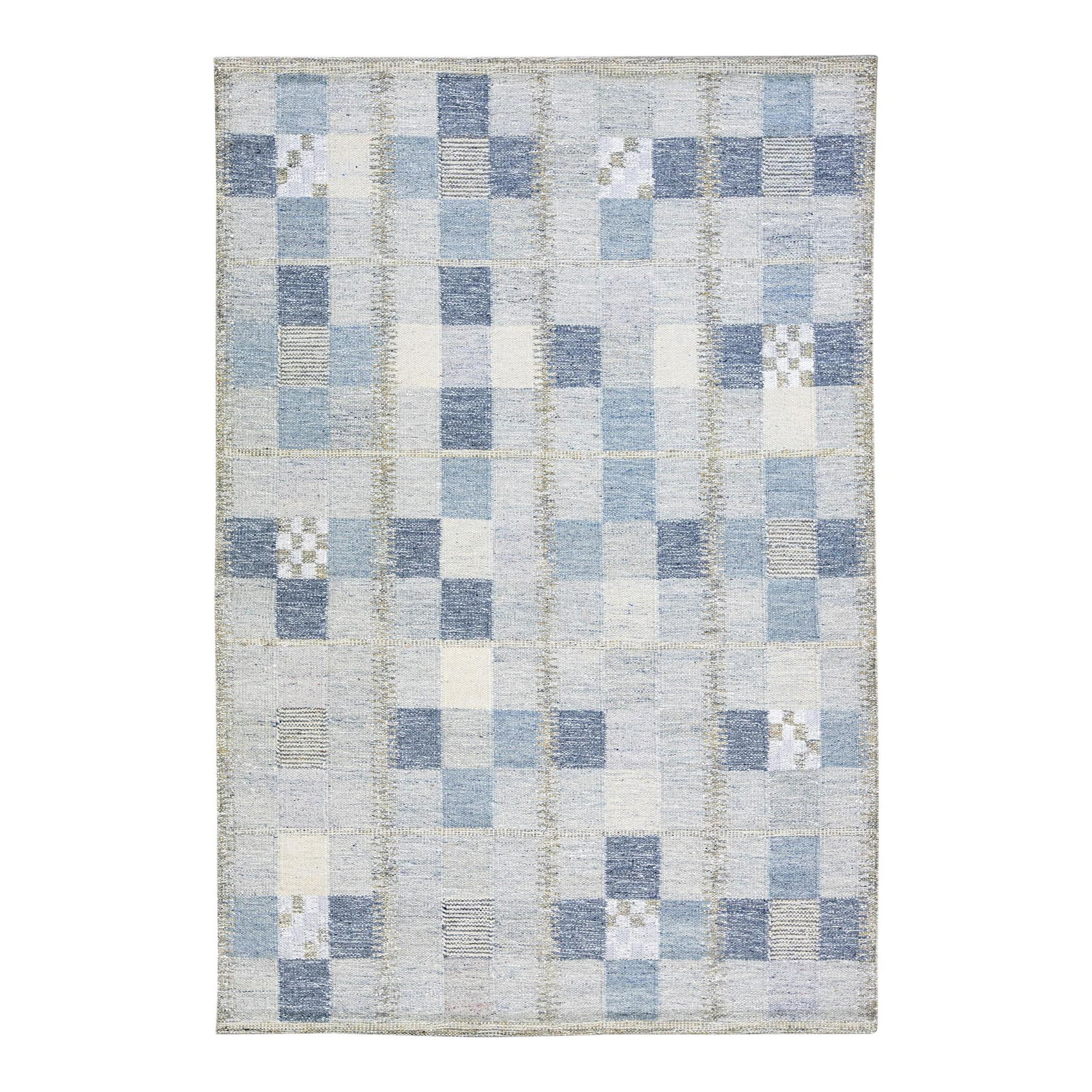 Scandinavian Handmade Wool Rug Blue Gray Geometric 6'1" x 9': Scandinavian Handmade Wool Rug Blue Gray Geometric 6'1" x 9' Enhance your living space with this stunning Scandinavian style wool rug featuring a vibrant blue and gray field. The modern design showcas