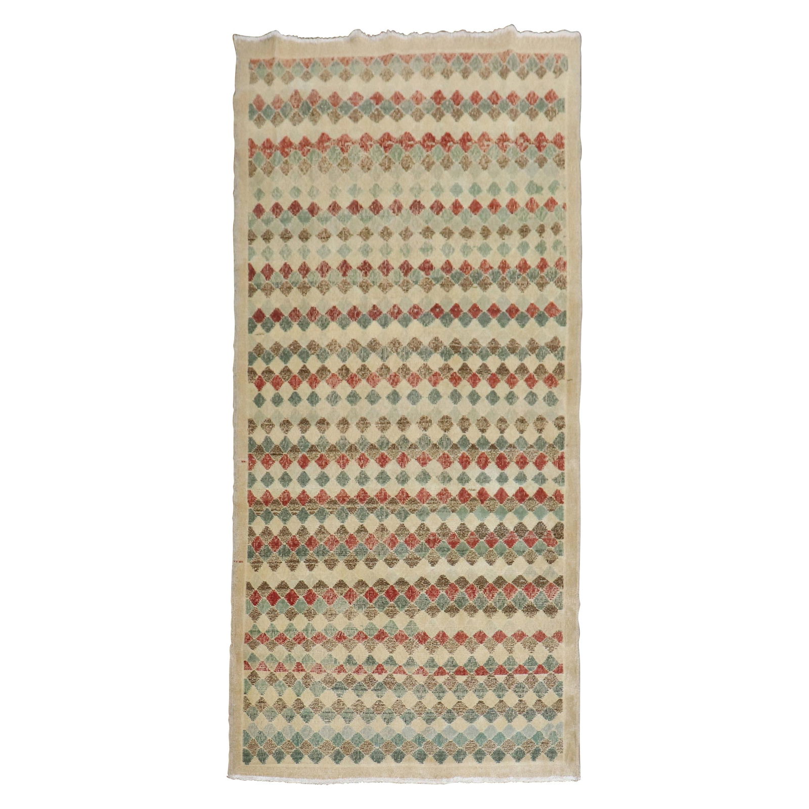 Vintage Turkish Deco Hand-Knotted Wool Rug 4' x 8'7": Vintage Turkish Deco Hand-Knotted Wool Rug 4' x 8'7" Enhance your space with this exquisite vintage Turkish Deco rug, featuring a stunning all-over diamond motif set against a soft beige background. T