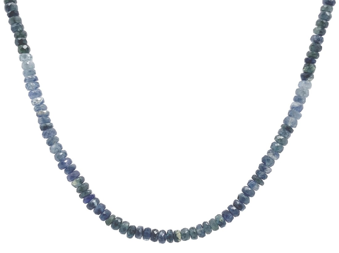 60 Carat Genuine Sapphire Ombre Bead Necklace with 14k White Gold Clasp: 60 Carat Genuine Sapphire Ombre Bead Necklace with 14k White Gold Clasp This stunning necklace features a remarkable 60 carat total weight of genuine sapphire beads, showcasing a beautiful ombre effec