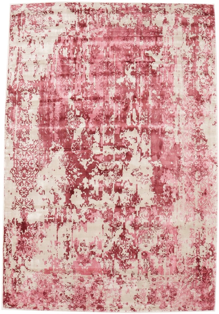 Handmade Modern Abstract Floral Medallion Bamboo Silk Rug 5'9 x 8'10: Handmade Modern Abstract Floral Medallion Bamboo Silk Rug 5'9 x 8'10 This is a pre-owned, hand-loomed area rug featuring a distressed abstract floral medallion design. The rug is crafted from bamboo s