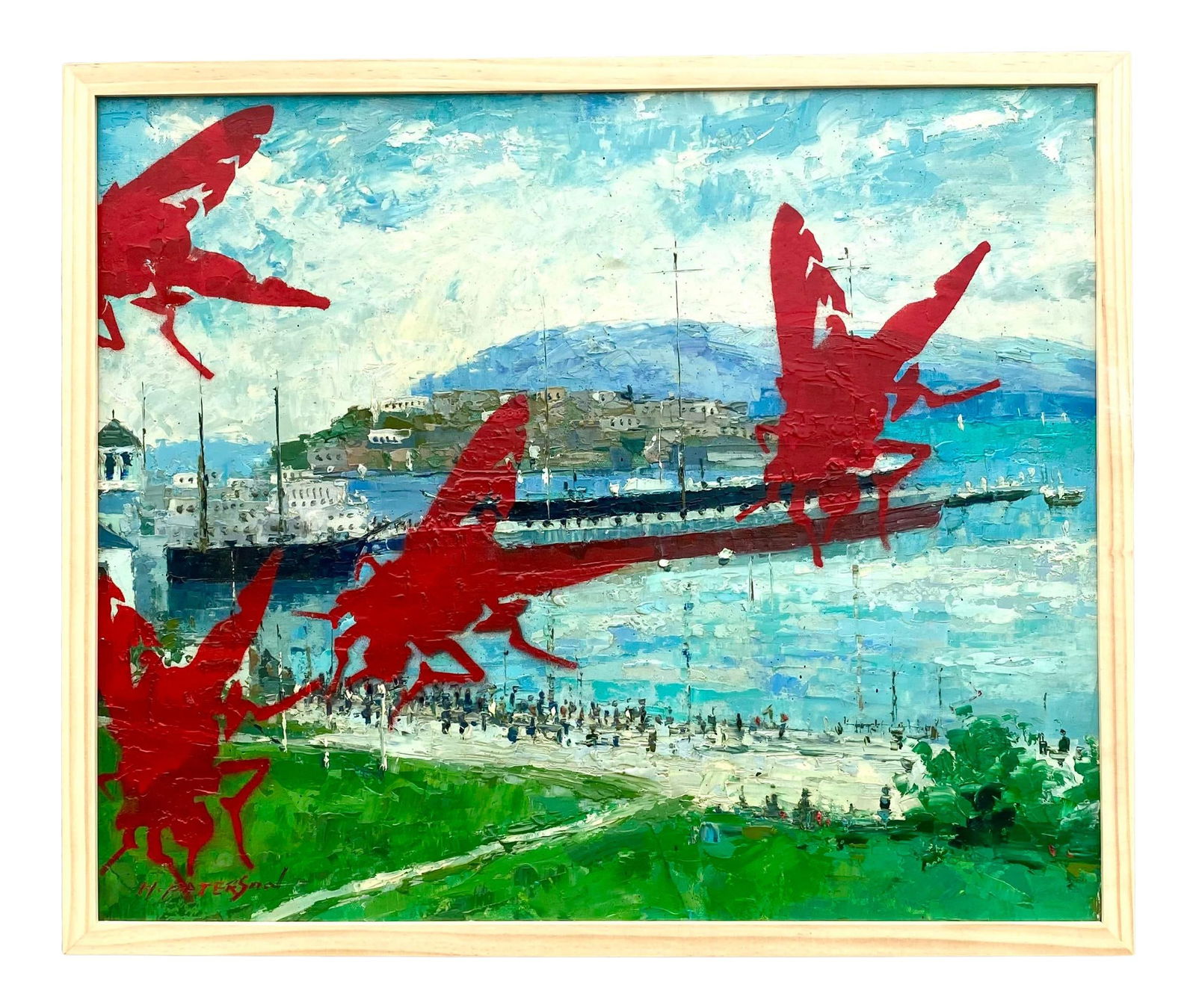 Striking Coastal Village Oil Painting by Peterson and Lavalee: Striking Coastal Village Oil Painting by Peterson and Lavalee Experience the captivating beauty of this striking contemporary original oil painting, a collaboration between two talented artists. The a