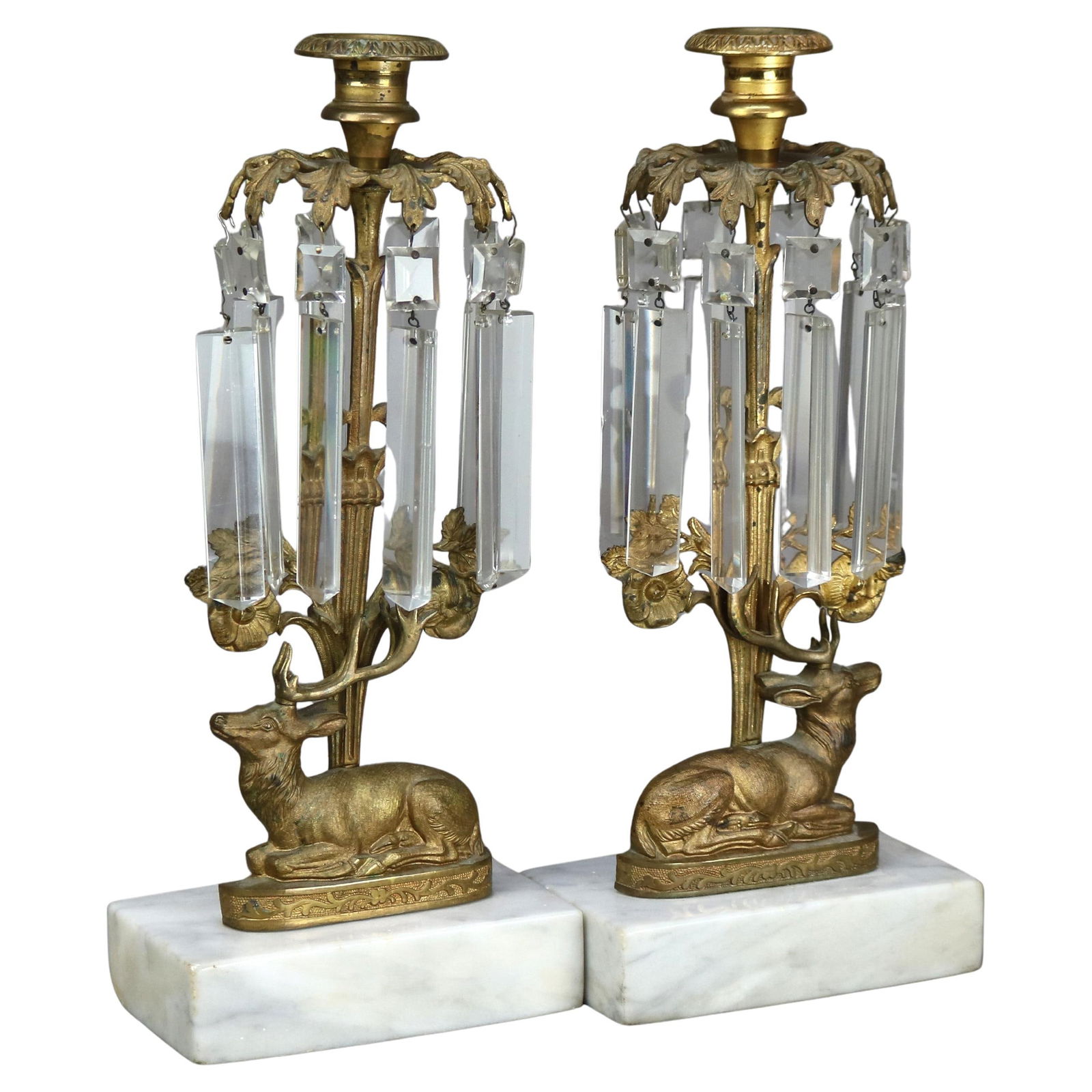 Antique Figural Elk Bronze Crystal Candle Holders Set of 2 C1880: Antique Figural Elk Bronze Crystal Candle Holders Set of 2 C1880 Enhance your decor with this exquisite pair of antique figural elk candle holders, expertly crafted from bronze and crystal, supported