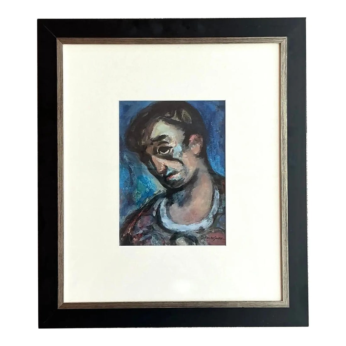 Mid-Century Bohemian Oil Portrait on Paper Framed Artwork: Mid-Century Bohemian Oil Portrait on Paper Framed Artwork This vintage boho original oil on paper portrait painting showcases expressive abstract brushstrokes and a vibrant, moody color palette. The m