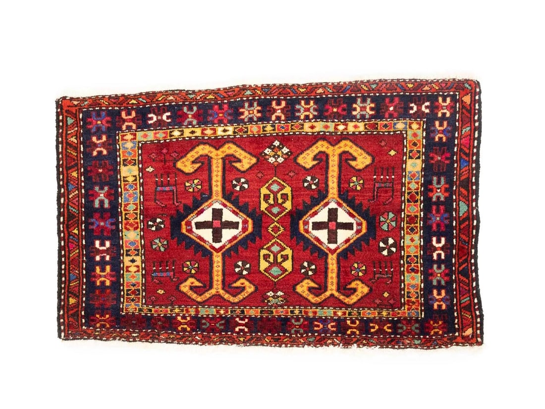 Vintage 2'2 x 3'4 Wool Tribal Geometric Hand-Knotted Red Entryway Rug: Vintage 2'2 x 3'4 Wool Tribal Geometric Hand-Knotted Red Entryway Rug This is a hand-knotted small Oriental rug made from wool, featuring a tribal geometric design in red, cream, purple-navy, pink, bl