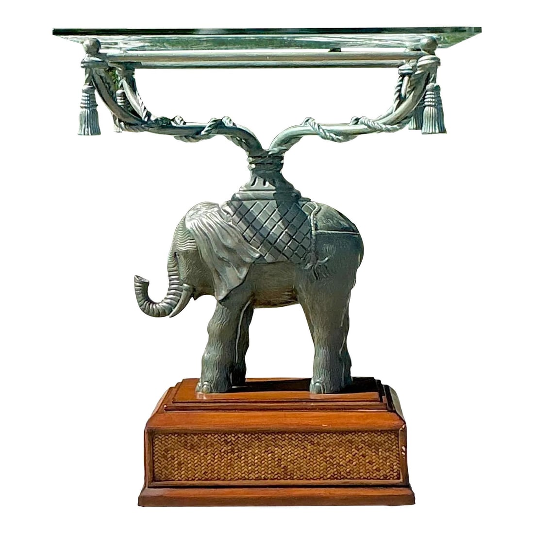 Vintage Boho Elephant Side Table with Glass Top and Rattan Accent: Vintage Boho Elephant Side Table with Glass Top and Rattan Accent Introducing a stunning late 20th-century vintage boho side table that features a beautifully patinated elephant base, adding an exotic