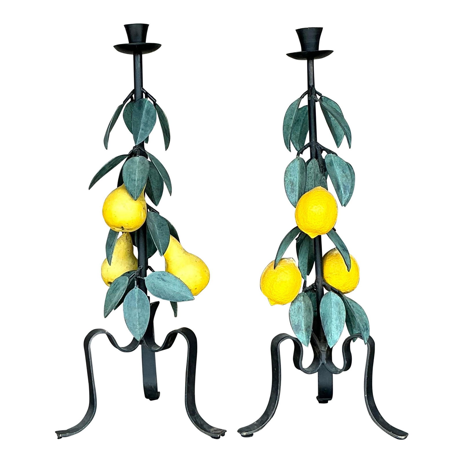 Vintage Boho Painted Metal Candlesticks Set of 2 Lemons Pears: Vintage Boho Painted Metal Candlesticks Set of 2 Lemons Pears Enhance your space with this charming set of vintage boho painted metal candlesticks, featuring delightful lemon and pear designs. These w