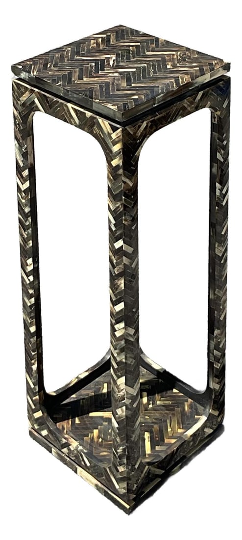 Vintage Coastal Tessellated Horn Pedestal 12x36 Herringbone Accent: Vintage Coastal Tessellated Horn Pedestal 12x36 Herringbone Accent Make a bold and exotic statement with this vintage coastal pedestal, meticulously crafted from tessellated horn in a striking herring