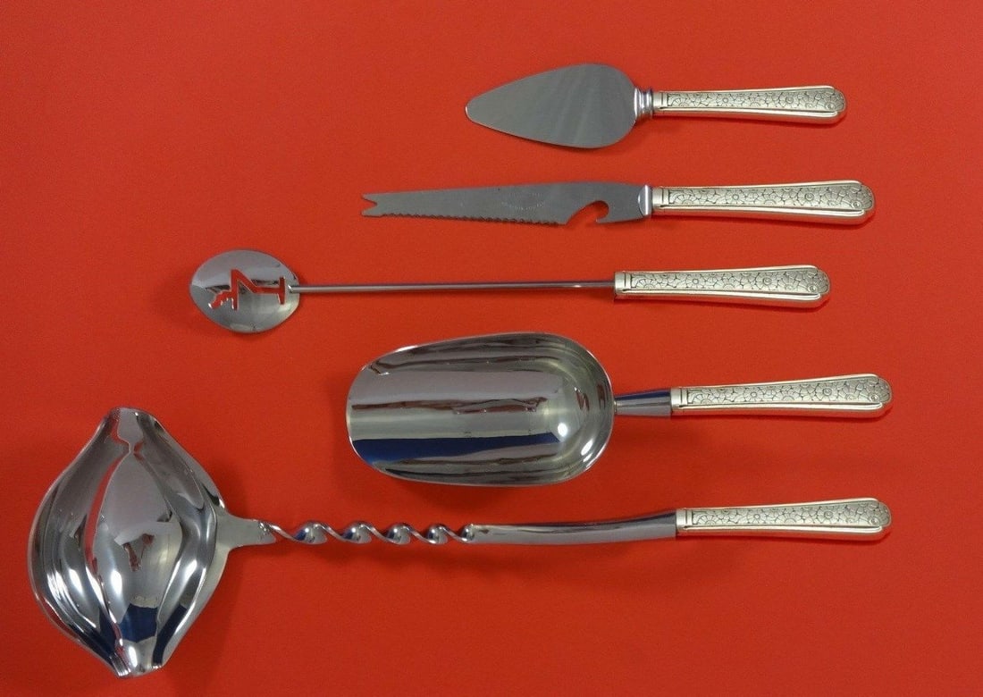 Towle Old Brocade Sterling Silver 5pc Cocktail Bar Set: Towle Old Brocade Sterling Silver 5pc Cocktail Bar Set Elevate your cocktail parties with the exquisite Old Brocade by Towle Sterling Silver Cocktail Party Bar Set. This 5-piece custom-made hostess se