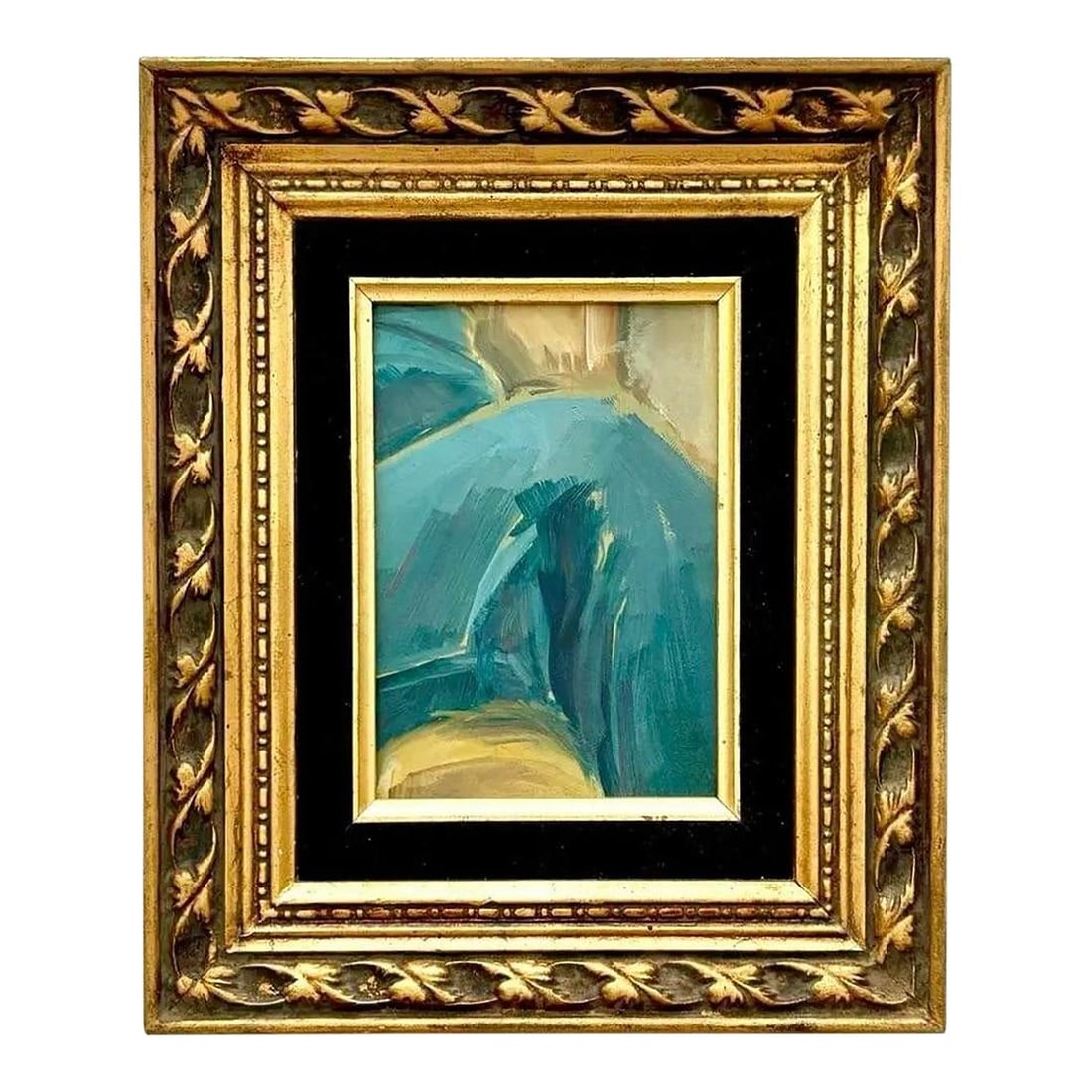 Small Framed Abstract Oil Artwork with Ornate Gold and Black Frame: Small Framed Abstract Oil Artwork with Ornate Gold and Black Frame This vintage abstract oil painting features expressive teal, ochre, and muted green hues, creating a sense of quiet emotional depth t