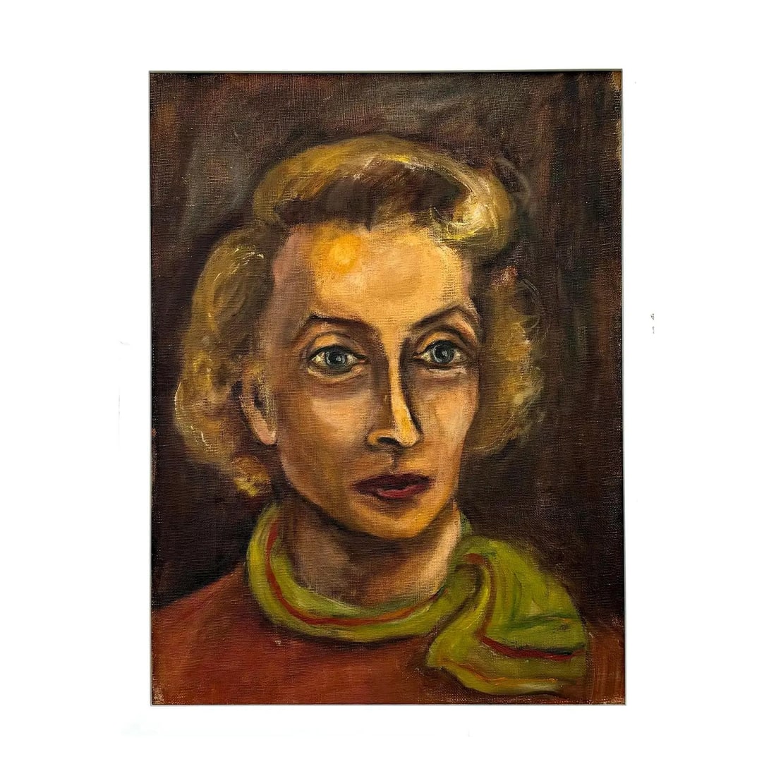 Vintage Boho Woman Portrait in Earthy Tones on Board: Vintage Boho Woman Portrait in Earthy Tones on Board This vintage boho portrait captures a striking figure rendered in warm earthy tones. The subject, with light blond hair styled in loose curls, gaze