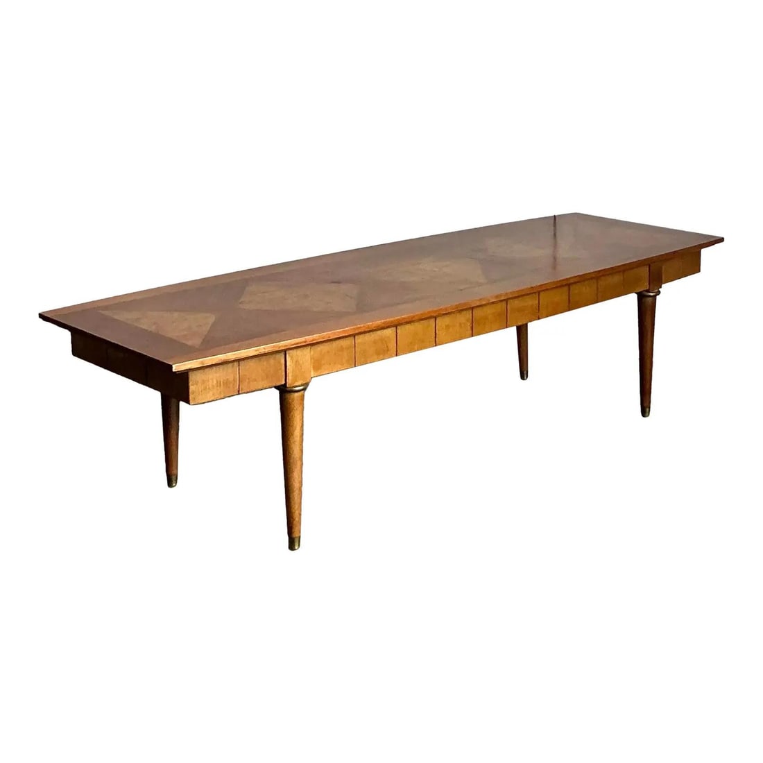 Mid-Century Modern Burl Wood Harlequin Inlay Surfboard Coffee Table: Mid-Century Modern Burl Wood Harlequin Inlay Surfboard Coffee Table This vintage surfboard coffee table embodies the essence of Mid-Century Modern design, featuring a striking harlequin pattern crafte