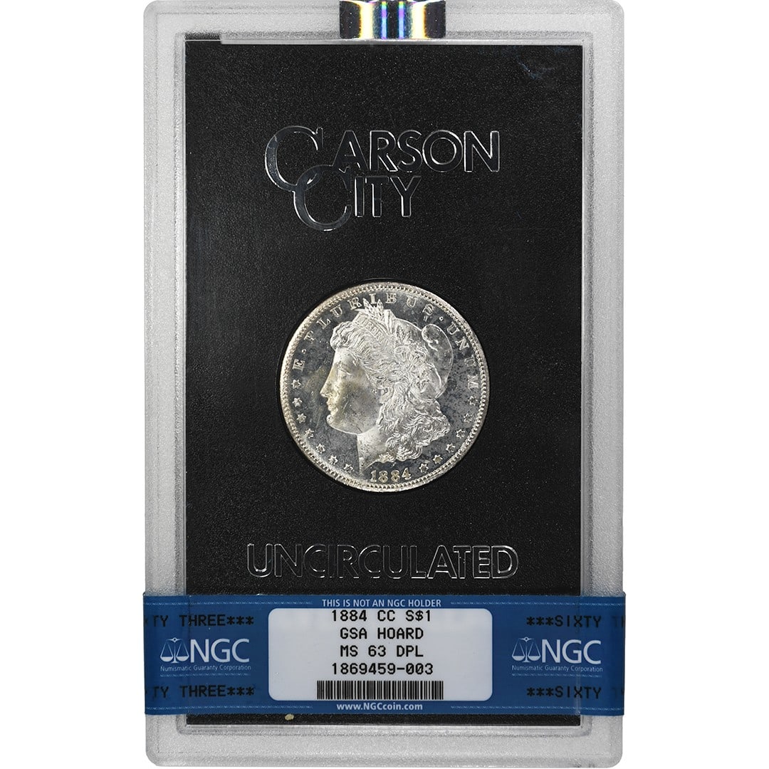 NGC MS63DPL 1884-CC Morgan Silver Dollar GSA Hoard Carson City: NGC MS63DPL 1884-CC Morgan Silver Dollar GSA Hoard Carson City This 1884-CC $1 Morgan Dollar is part of the GSA Hoard and has been certified by NGC with a grade of MS63DPL, indicating a Deep Proof-Lik