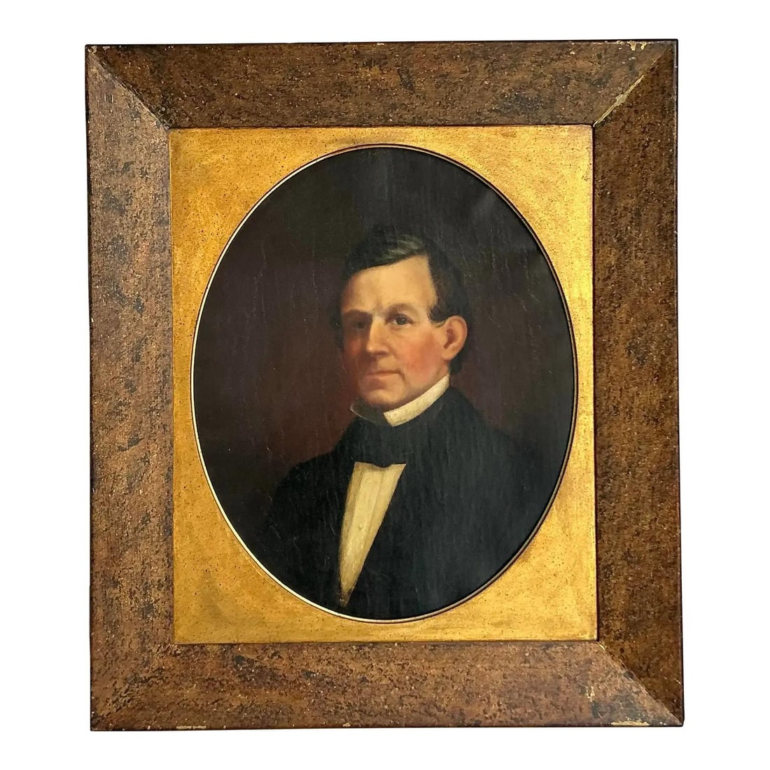 Oval Portrait Oil Painting of Gentleman in Ornate Rectangular Frame: Oval Portrait Oil Painting of Gentleman in Ornate Rectangular Frame This vintage oil painting features a formal portrait of a man in 19th-century attire, depicted in an oval composition within a grand