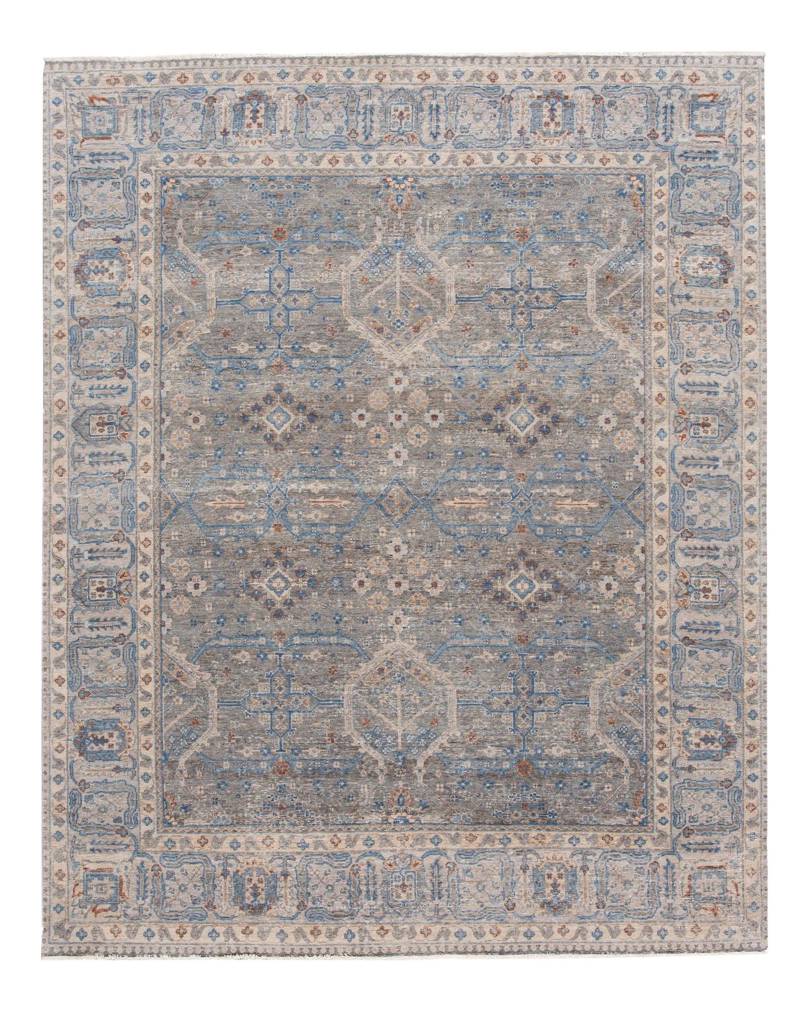 Modern Hand-Knotted Indian Wool Rug 7'10 x 9'9 Geometric Design: Modern Hand-Knotted Indian Wool Rug 7'10 x 9'9 Geometric Design Enhance your space with this stunning modern hand-knotted Indian wool rug. Featuring a sophisticated gray field adorned with vibrant blu