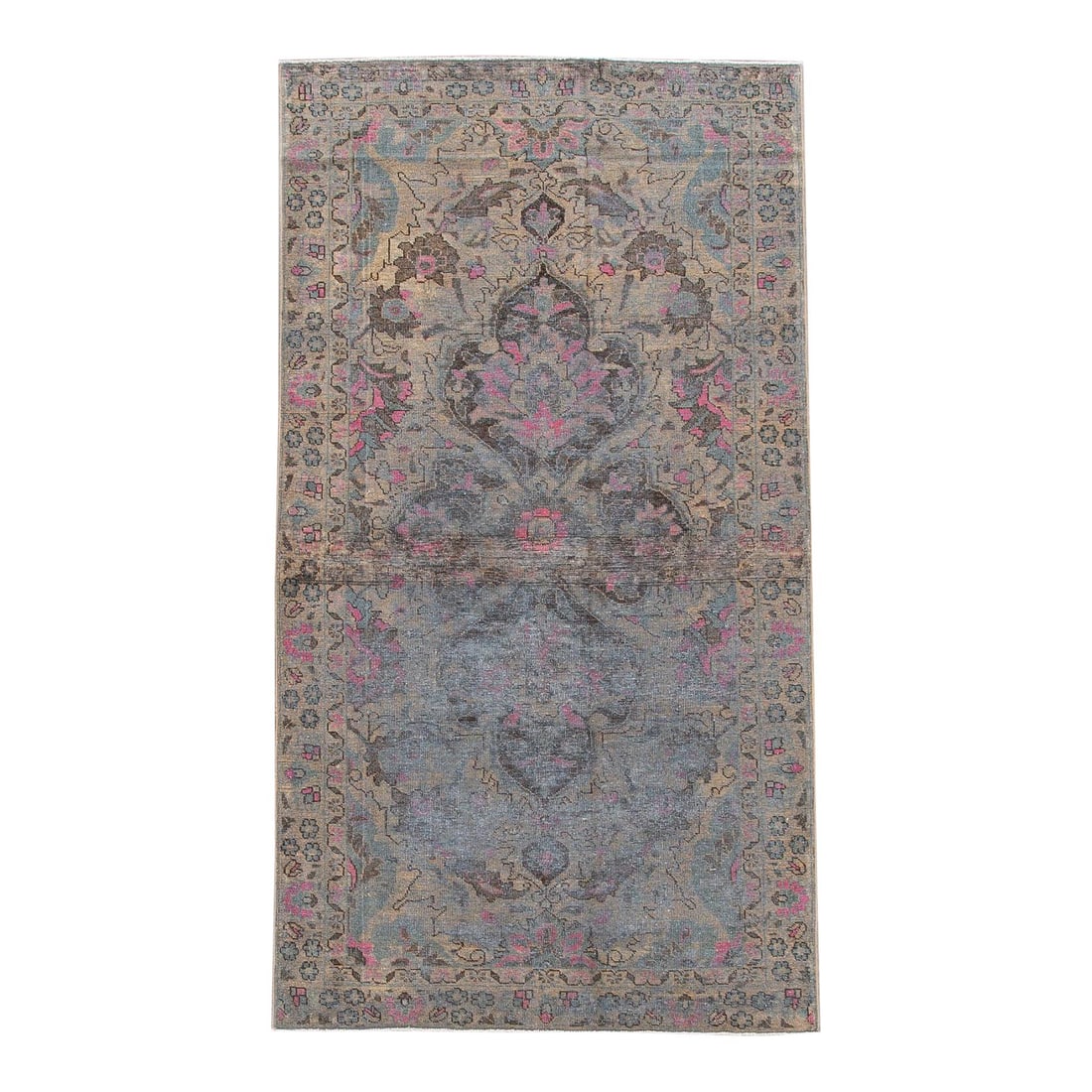 Vintage Distressed Gray Floral Hand-Knotted Wool Rug 4'5 x 8'2: Vintage Distressed Gray Floral Hand-Knotted Wool Rug 4'5 x 8'2 Enhance your space with this beautiful vintage distressed hand-knotted wool rug featuring a gray and beige field. Adorned with multicolor